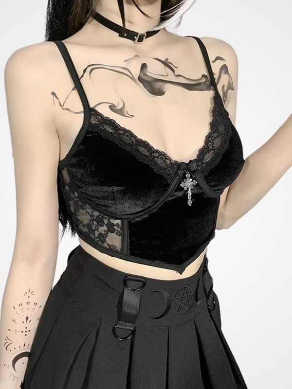Lace Trimmed Black Gothic Crop Top With Cross - ovniki
