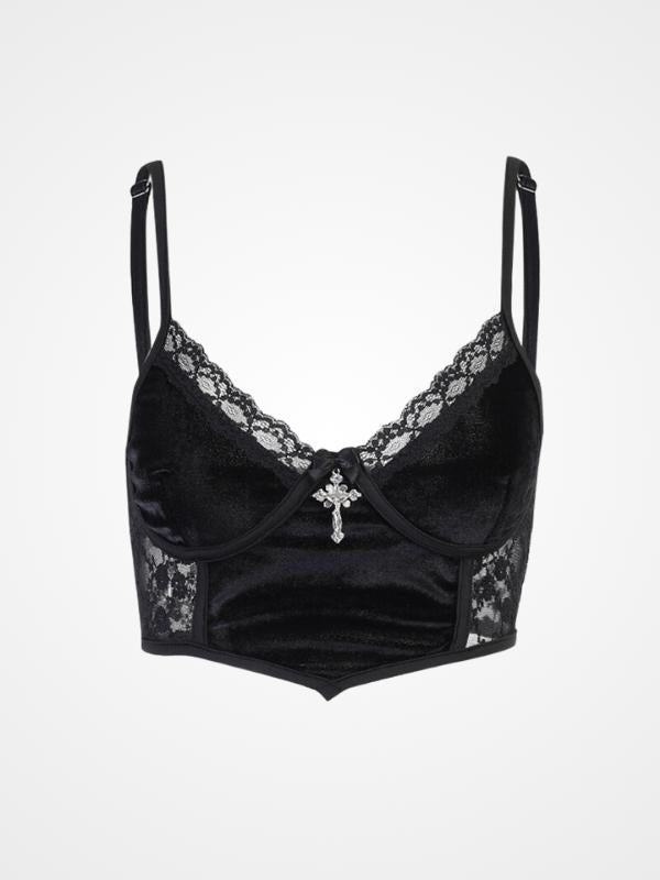 Lace Trimmed Black Gothic Crop Top With Cross - ovniki