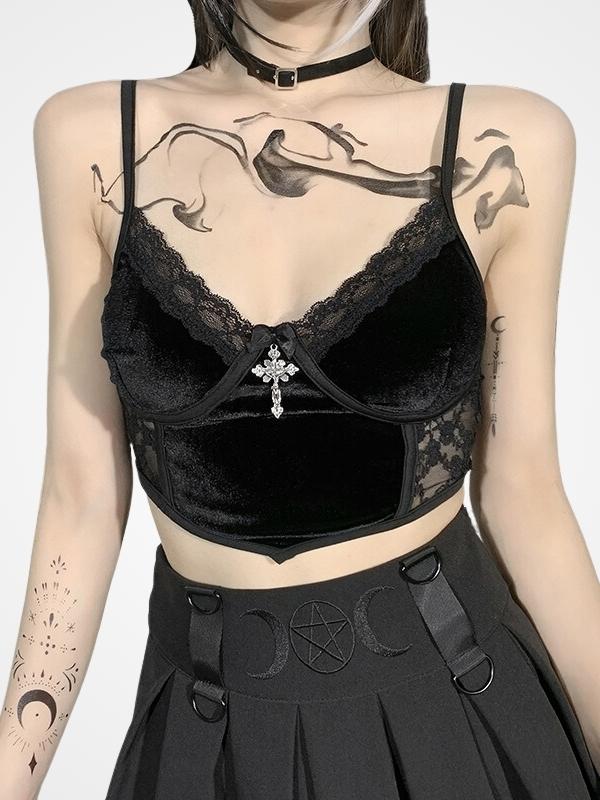 Lace Trimmed Black Gothic Crop Top With Cross - ovniki
