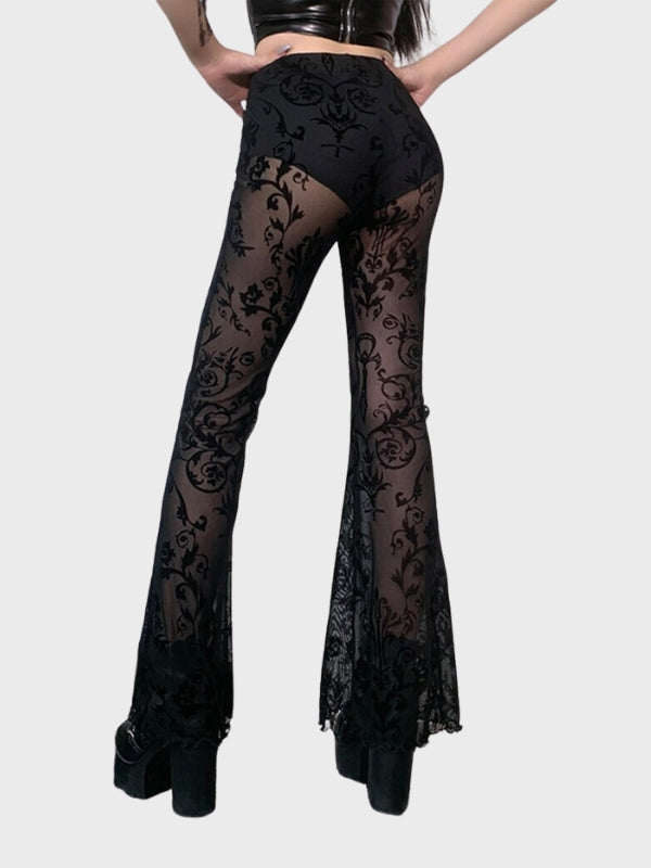 Women Gothic Tulle Floral High Waist Pants - ovniki