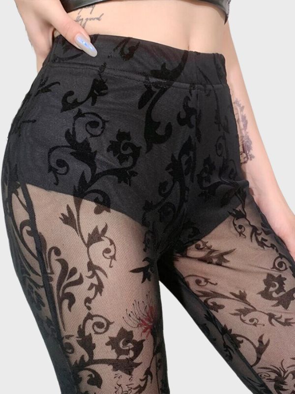 Women Gothic Tulle Floral High Waist Pants - ovniki