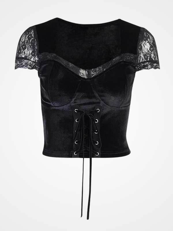 Women Bodycon Bandage Lace Black T-shirts - ovniki