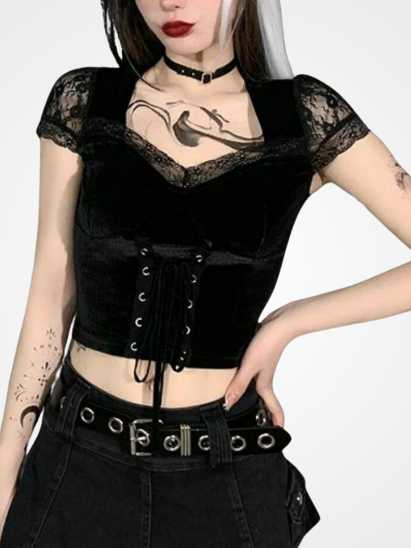 Women Bodycon Bandage Lace Black T-shirts - ovniki