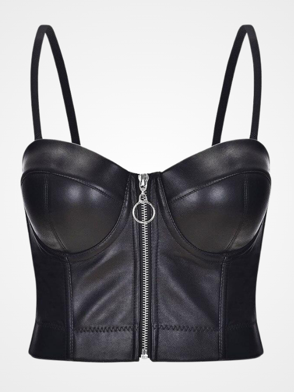 Women Sexy Leather Black Clubwear Crop Top - ovniki