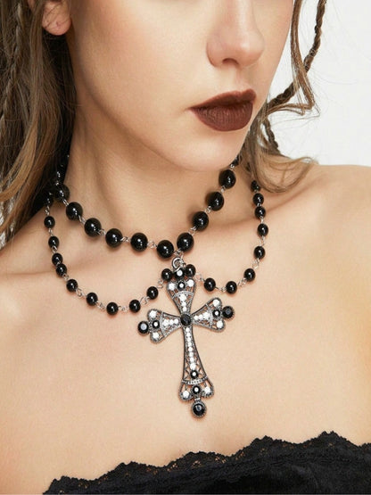 Black Beaded Cross Necklace