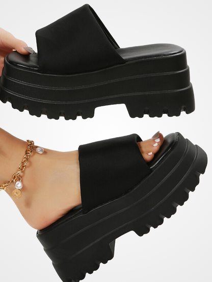 Black Chunky Platform Wedges Slipper Sandals - ovniki