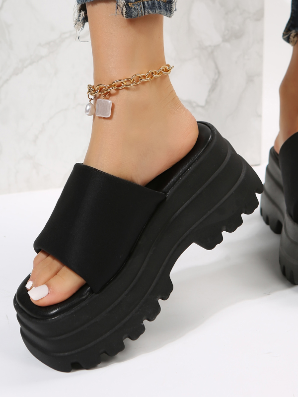 Black Chunky Platform Wedges Slipper Sandals - ovniki
