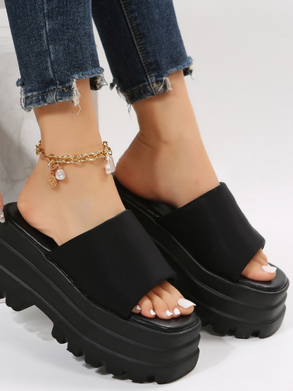Black Chunky Platform Wedges Slipper Sandals - ovniki