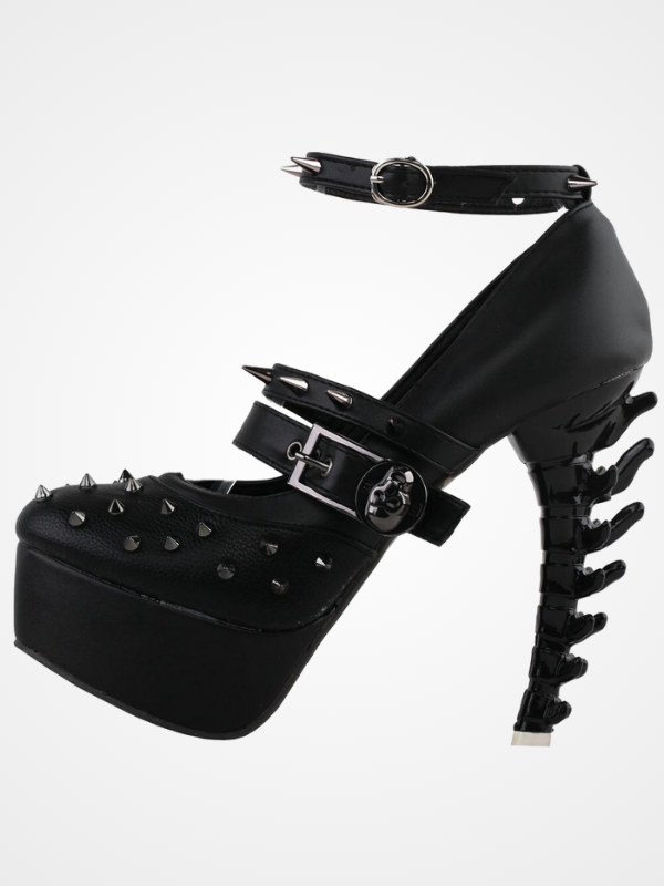 Black Spike Strappy Buckle Bone Heel Shoes - ovniki