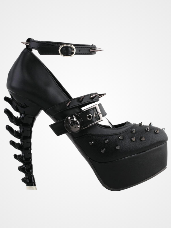 Black Spike Strappy Buckle Bone Heel Shoes - ovniki