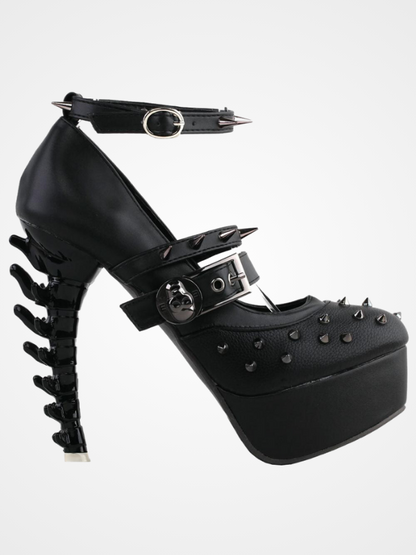 Black Spike Strappy Buckle Bone Heel Shoes - ovniki