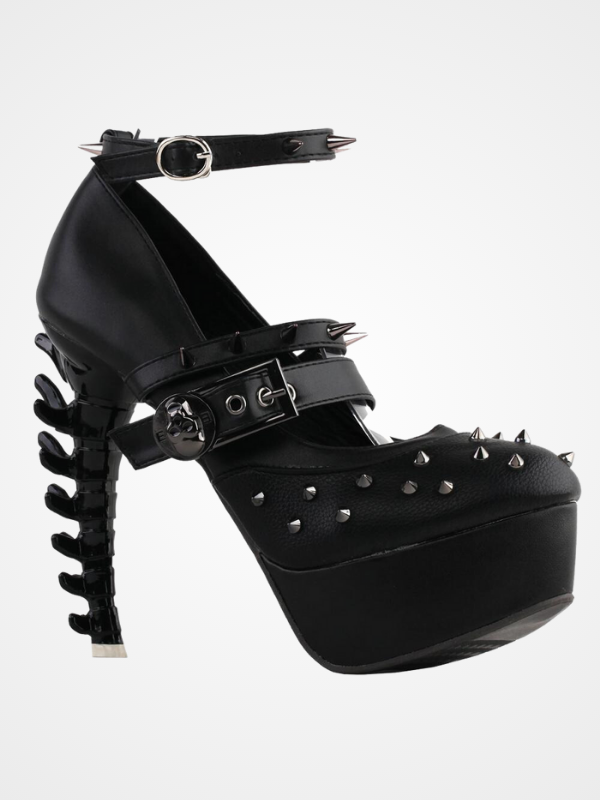 Black Spike Strappy Buckle Bone Heel Shoes - ovniki