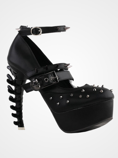 Black Spike Strappy Buckle Bone Heel Shoes - ovniki