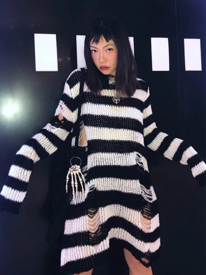 Distressed Striped Knit Sweater