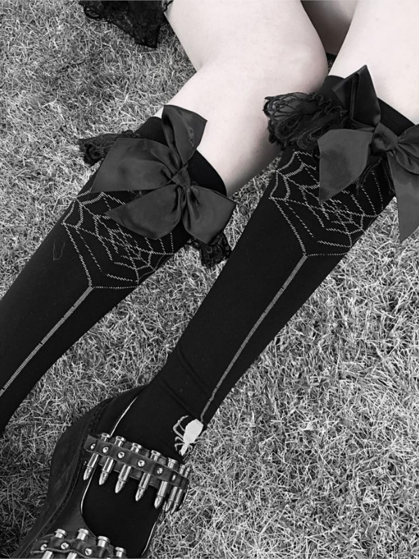Girls Gothic Bow Spider Web Knee High Socks_ovniki