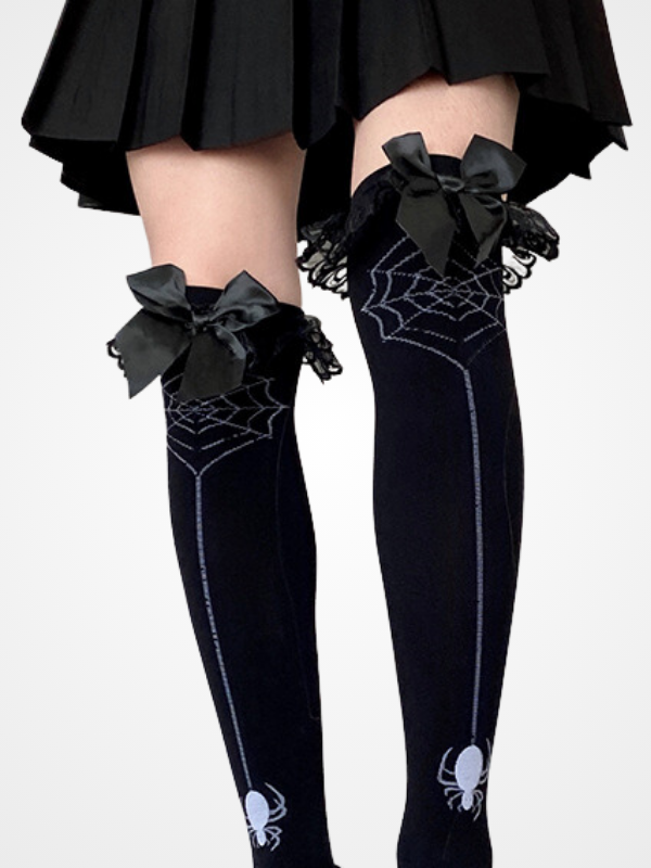 Girls Gothic Bow Spider Web Knee High Socks_ovniki