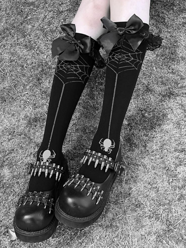 Girls Gothic Bow Spider Web Knee High Socks_ovniki