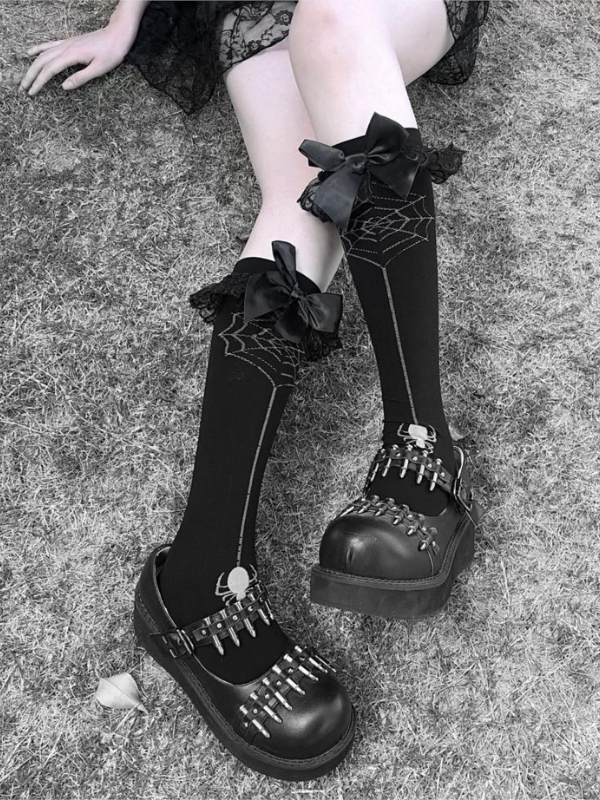 Girls Gothic Bow Spider Web Knee High Socks_ovniki