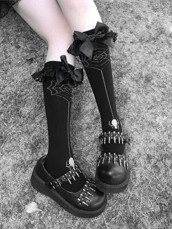 Girls Gothic Bow Spider Web Knee High Socks_ovniki