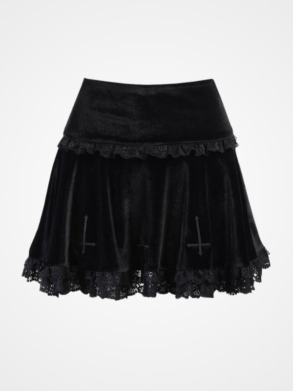 Goth Cross Vintage Black Lace Trim Mini Skirt - ovniki