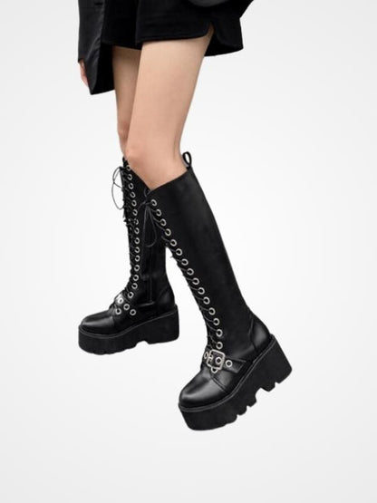 Gothic Lace Up Knee High Black Nightclub Boots
