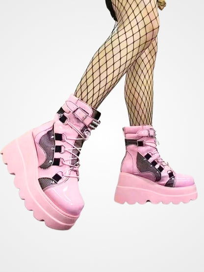 Gothic Pink Leather Platform Wedges Ankle Boots-Ovniki