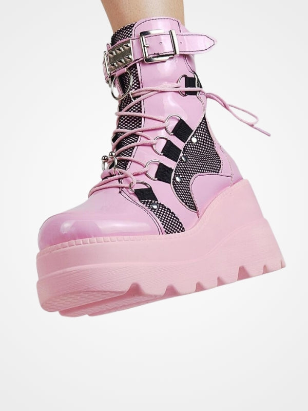 Gothic Pink Leather Platform Wedges Ankle Boots-Ovniki