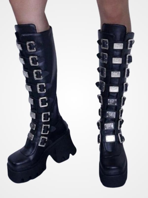 Gothic Punk Metal Buckle Platform Knee High Boots