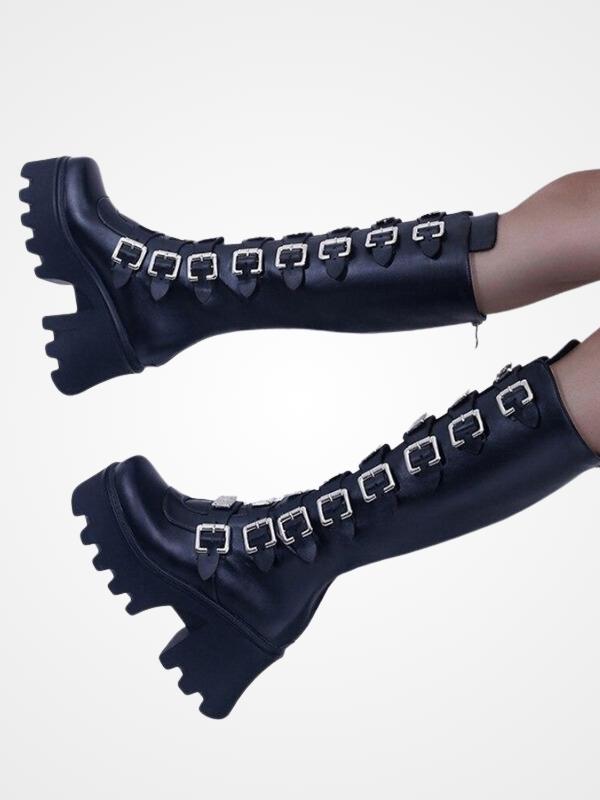 Gothic Punk Metal Buckle Platform Knee High Boots
