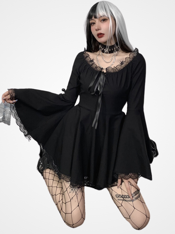 Gothic A-Line Flare Sleeve Sexy Mini Dress_ovniki