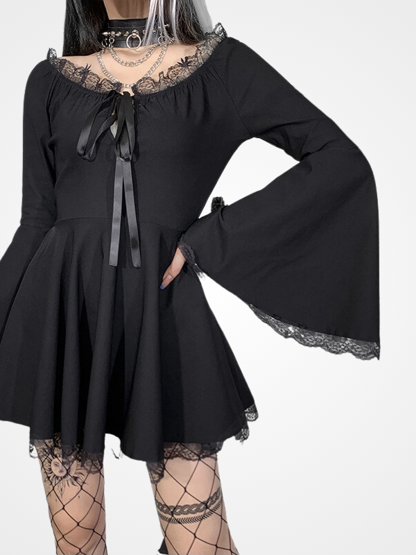 Gothic A-Line Flare Sleeve Sexy Mini Dress_ovniki