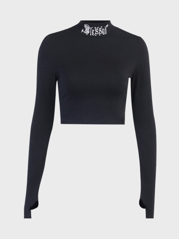 Gothic Black Bodycon Long Sleeve Crop Tops - ovniki