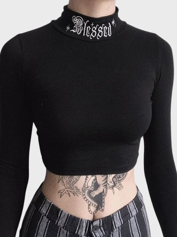 Gothic Black Bodycon Long Sleeve Crop Tops - ovniki