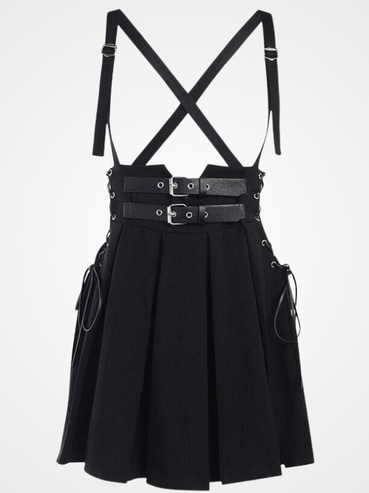 Gothic Black Pleated Buckle Lace Up Skirt - ovniki