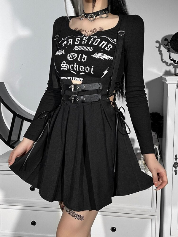 Gothic Black Pleated Buckle Lace Up Skirt - ovniki