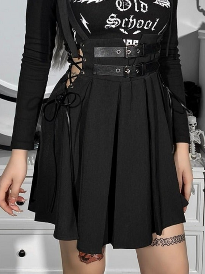 Gothic Black Pleated Buckle Lace Up Skirt - ovniki