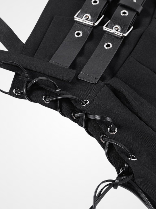 Gothic Black Pleated Buckle Lace Up Skirt - ovniki