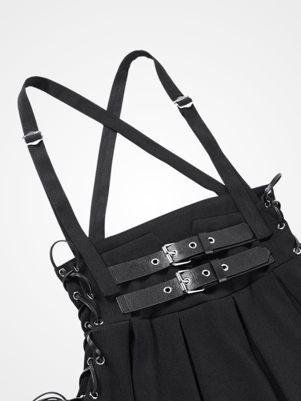 Gothic Black Pleated Buckle Lace Up Skirt - ovniki