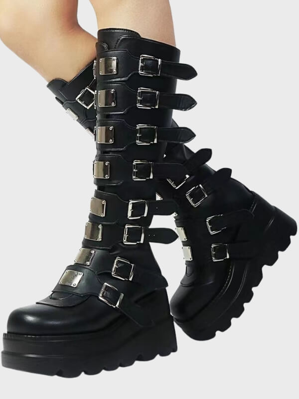 Gothic Punk Black Metal Buckle Knee High Boots