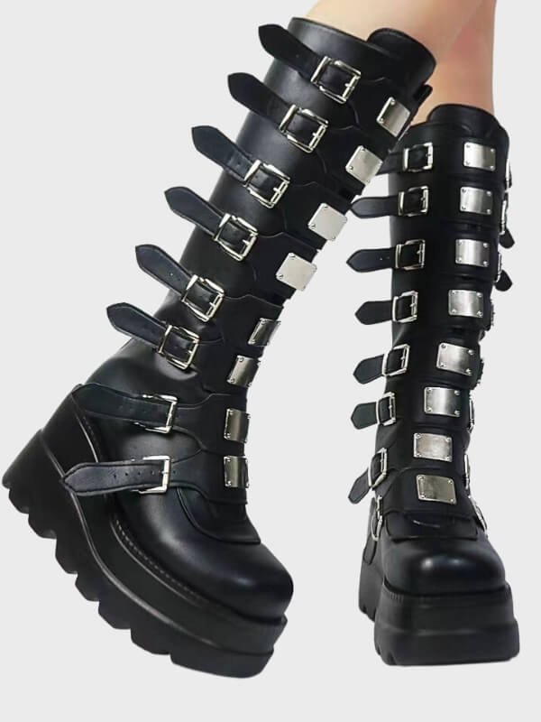 Gothic Punk Black Metal Buckle Knee High Boots