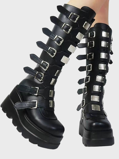 Gothic Punk Black Metal Buckle Knee High Boots