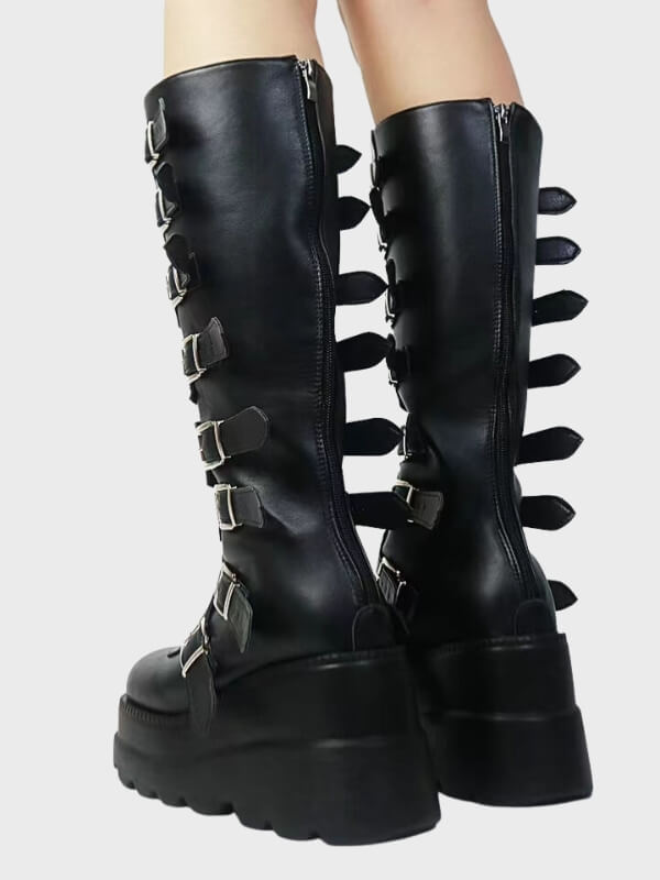 Gothic Punk Black Metal Buckle Knee High Boots