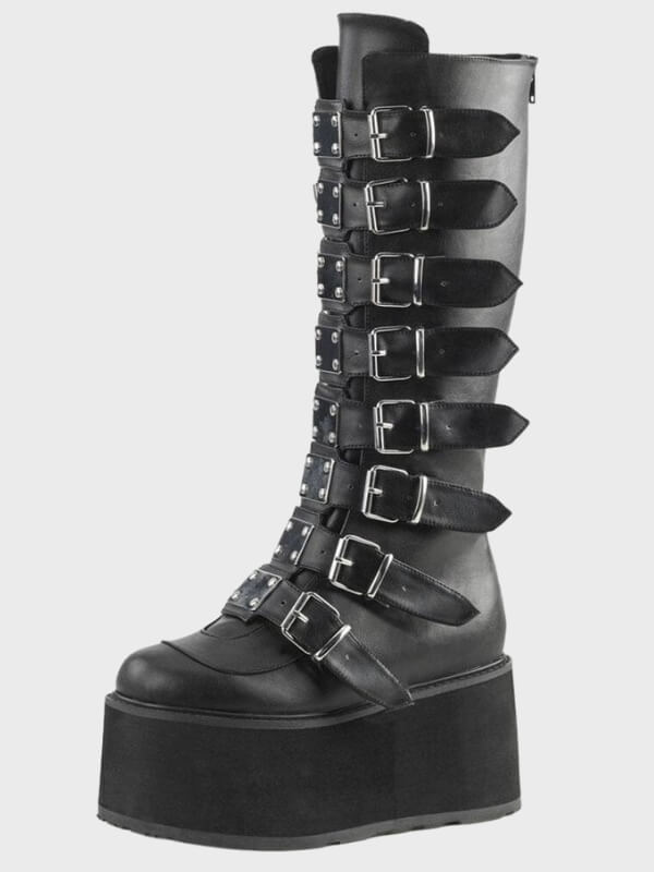 Gothic Punk Black Metal Buckle Knee High Boots