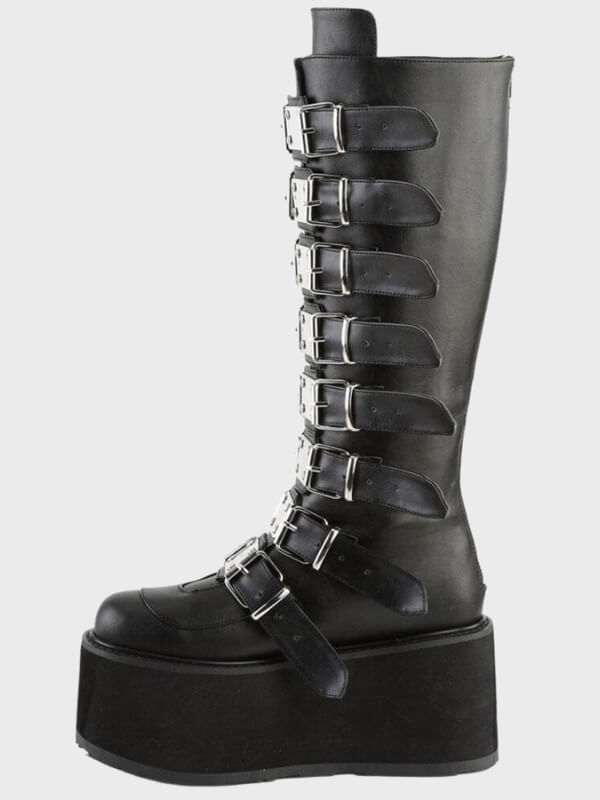 Gothic Punk Black Metal Buckle Knee High Boots
