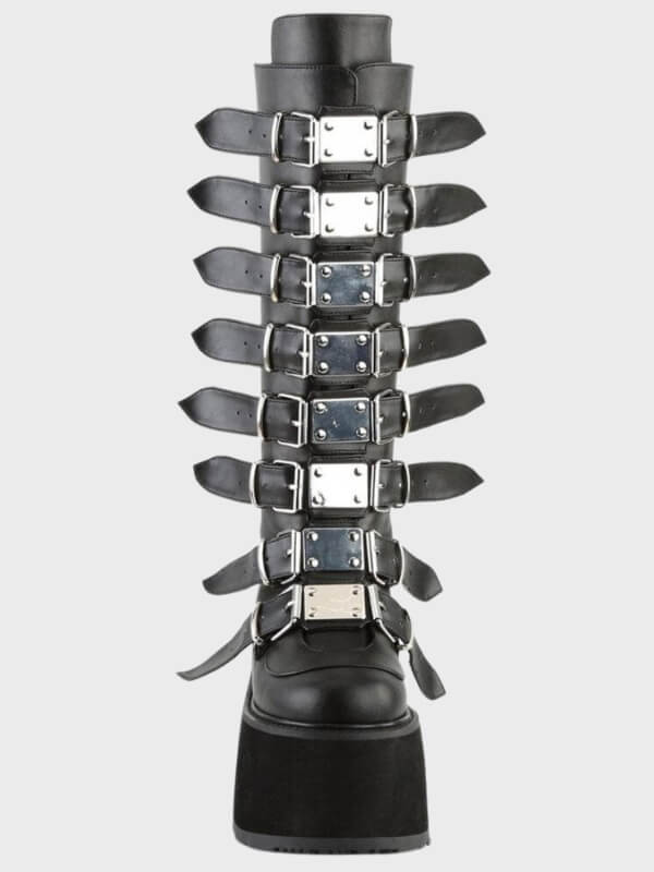 Gothic Punk Black Metal Buckle Knee High Boots