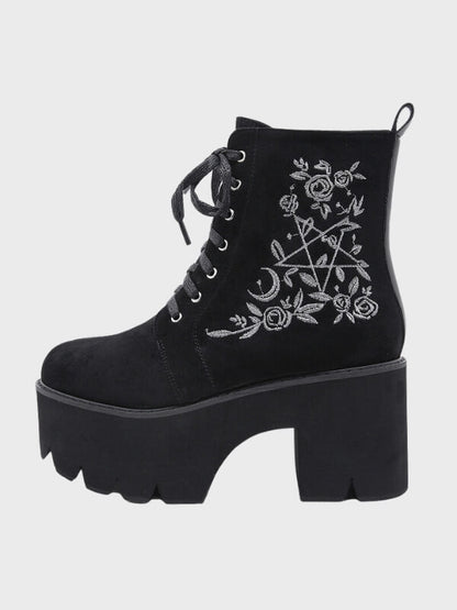 Gothic Chunky Punk Suede Leather Flower Shoes - ovniki