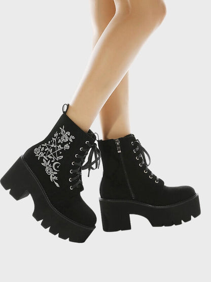 Gothic Chunky Punk Suede Leather Flower Shoes - ovniki