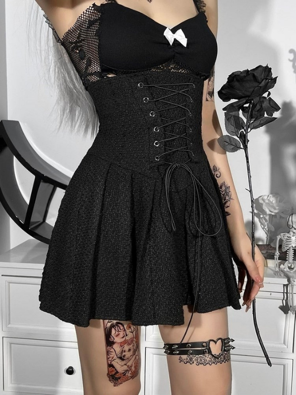 Gothic Dark Lace Up Pleated High Waist Skirt - ovniki