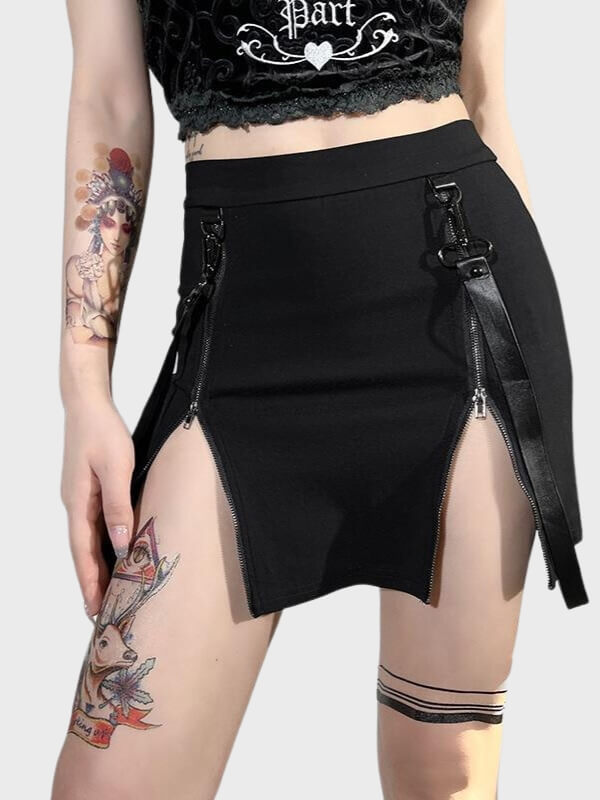 Gothic Double Zippers Belts Slit Sexy Skirts - ovniki