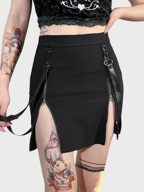 Gothic Double Zippers Belts Slit Sexy Skirts - ovniki